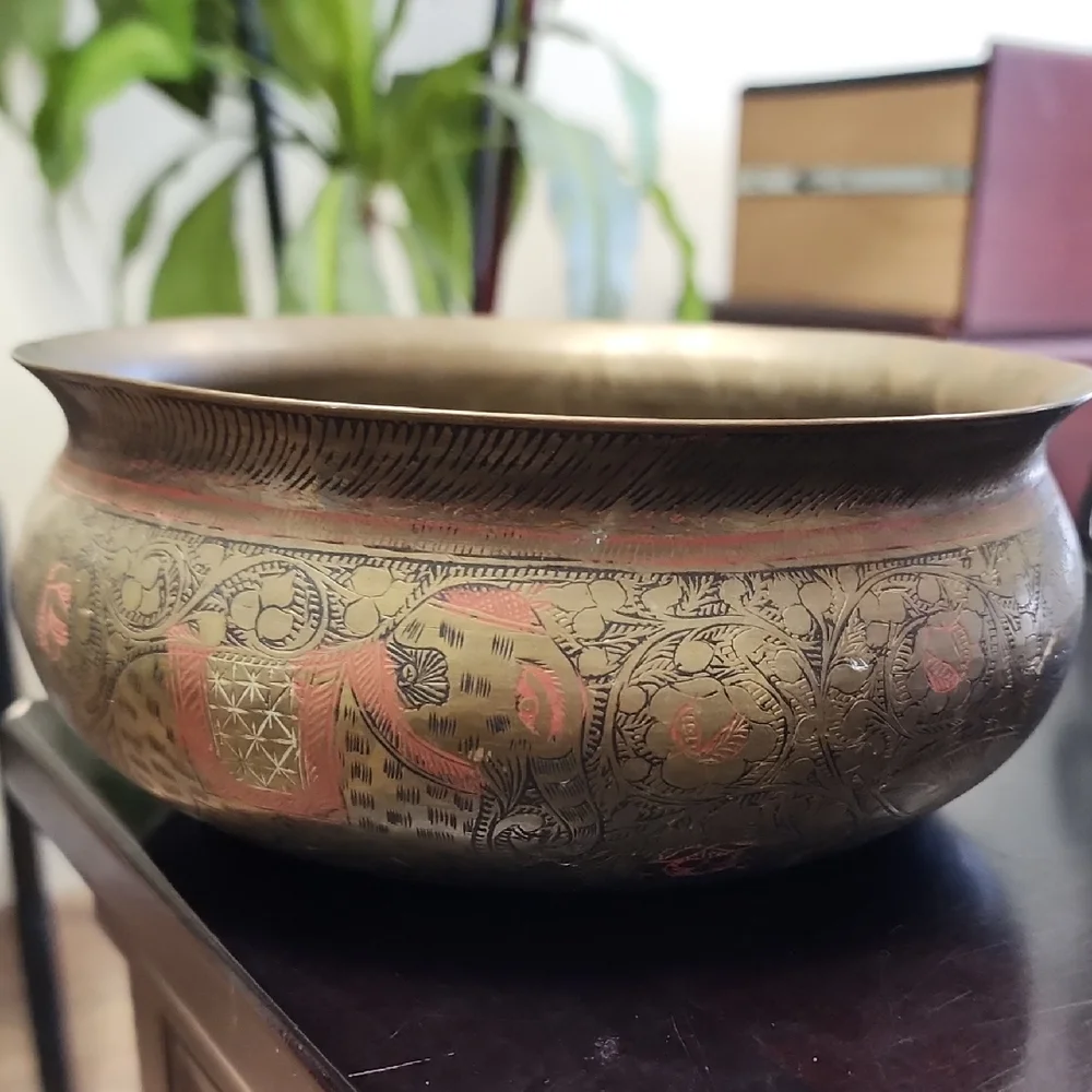 India Spun Brass Bowl, Etched, Engravings Of Animals, Vintage